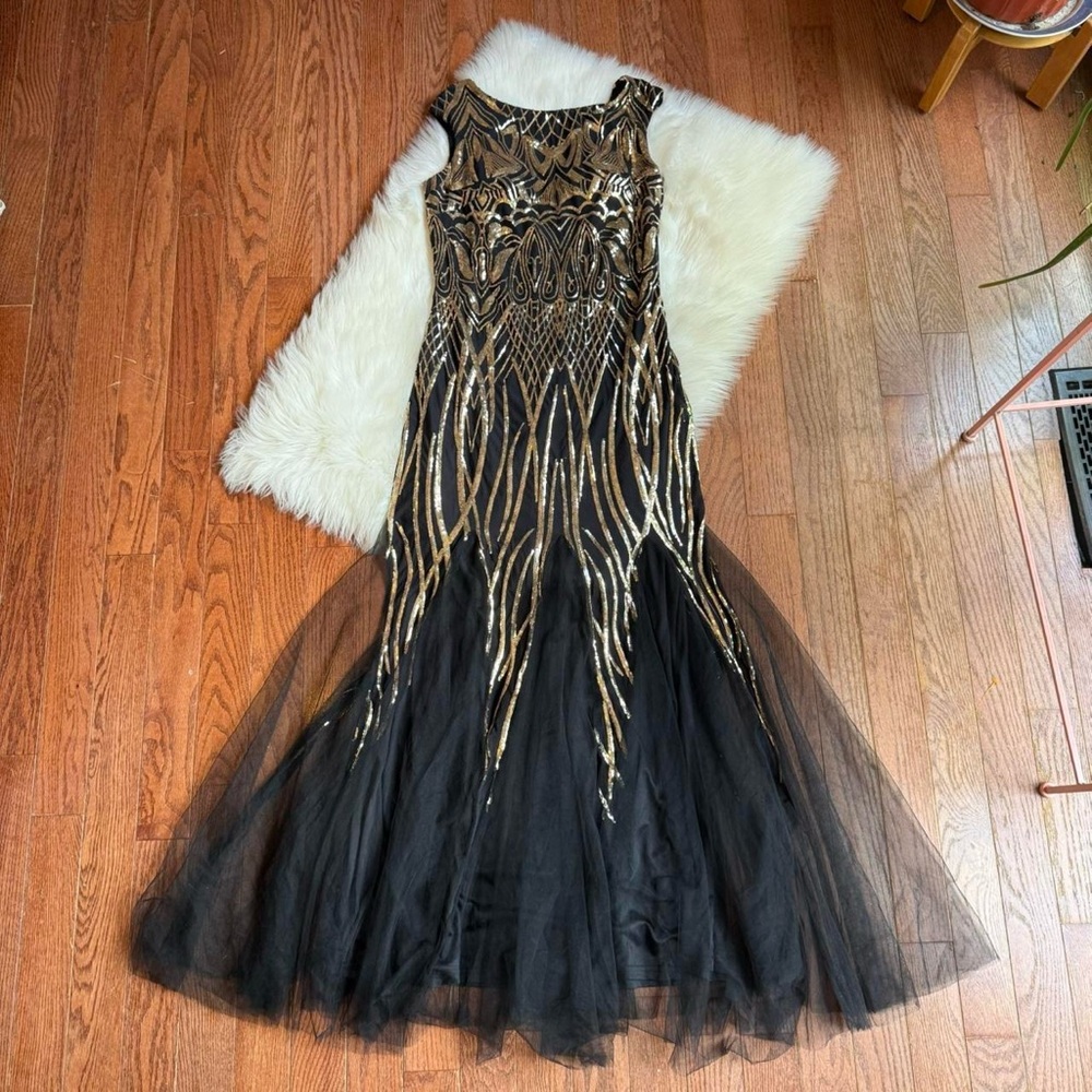Y2k vintage black and gold beaded mermaid prom dress